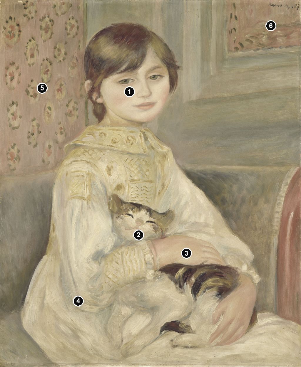 Annotated details from Julie Manet (Child with Cat) by Auguste Renoir